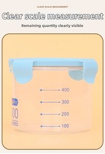 Clear scale measurement container for pet food with 400ml capacity and blue lid