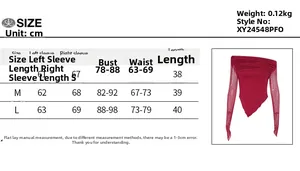 Size chart showing S to L measurements for a slim fit mesh sleeve off-shoulder top