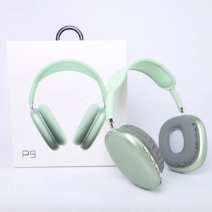 Detail view of P9 light green wireless headphones with cushioned headband and gray ear pads