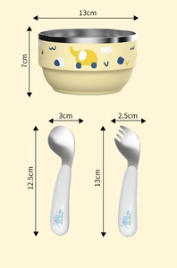 Dimensions du bol pour enfants en acier inoxydable avec motif éléphant et couverts
