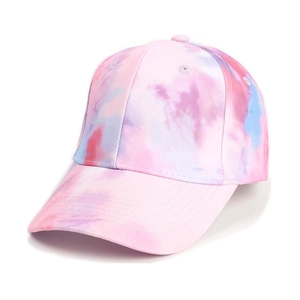 Detailed close-up of colorful tie-dye patterns on a structured six-panel baseball cap