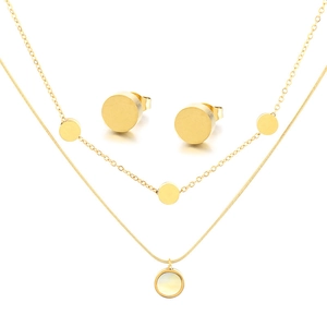 Golden double-layered shell pendant necklace and stud earrings set on white background