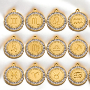 Ciondolo Segno Zodiacale Rotondo Conchiglia Strass Intarsiato DIY Materiale per Gioielli Pendente per Collana Placcato Oro 18K Accessori