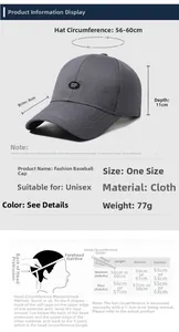 Detailed size chart for baseball cap with dimensions for brim, depth and head circumference