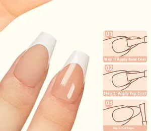 Three-step tutorial for applying French long coffin press-on nails with white tips