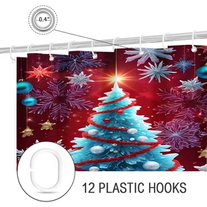 Detail of Christmas shower curtain featuring metal grommets and 12 plastic hooks