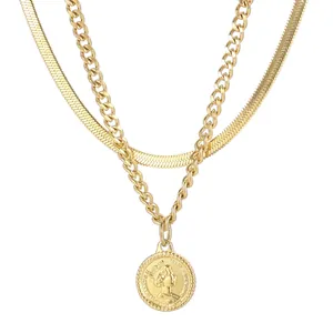 Double Layer Necklace Stainless Steel Round Portrait Coin Pendant Stacking Fashion Jewelry Elegant