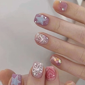 Press On Nails Short Square Dreamy Pink Purple Gradient Stars Hearts Butterflies Rhinestone Glitter Sweet Style For Women