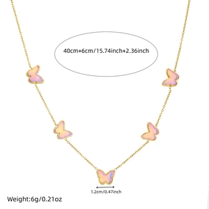 Gold chain necklace with five pink acrylic butterfly pendants and detailed size markings