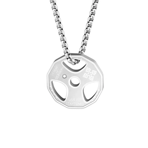Polished stainless steel pearl necklace with barbell weight plate pendant for men