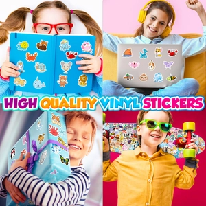 Vinyl cartoon animal stickers shown on a laptop, notebook, skateboard and gift box