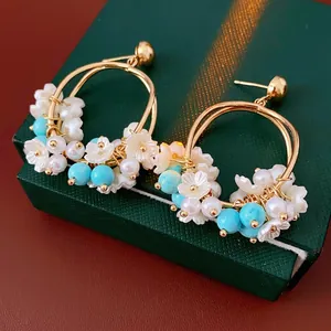 Vintage Gold Hoop Earrings With Shell Flower Artificial Pearl And Turquoise Beads Silver Earring Post For Women Luxury Jewelry