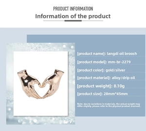 Detail view of heart-shaped hand gesture brooch with product dimensions and specs