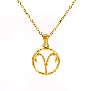 Golden Aries zodiac necklace with hollow circular pendant and O-chain on white background