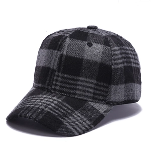 Classic black and gray plaid wool baseball cap for men and women with adjustable strap