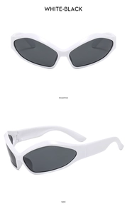 Macro detail of white Y2K sports sunglasses showing positive and side profile views