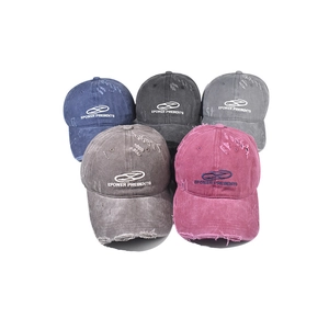 Vintage washed cotton baseball caps with distressed holes and EPOWER embroidery in 5 colors
