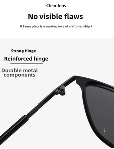 Detail of the reinforced metal hinge on these durable black square frame sunglasses