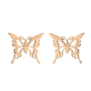 Detail of rose gold butterfly stud earrings featuring intricate hollowed-out wing patterns