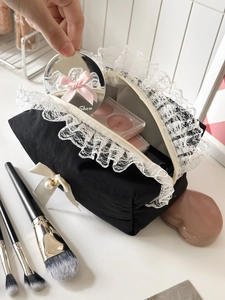 Trousse à maquillage en dentelle noire avec nœud blanc et perle, grande capacité de rangement