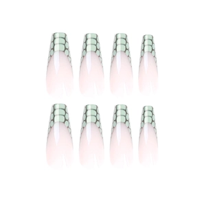 French tip coffin false nails with mint green crocodile texture and pink base