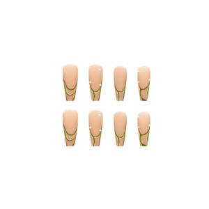 Long trapezoid press-on nails in nude and olive green with 3D pearl accents