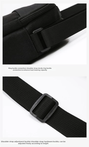 Detail of reinforced black strap buckle and adjustable woven shoulder strap on man bag