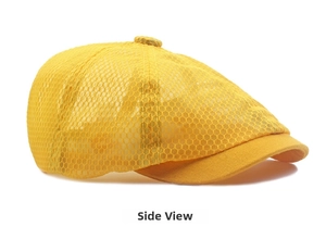 Side view of a yellow mesh newsboy cap featuring breathable honeycomb fabric and solid brim