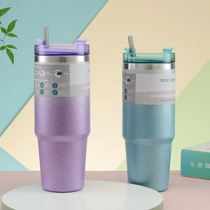 Detail of 30oz glittered stainless steel tumblers with straws and vacuum insulation