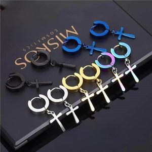 Detail view of five colors of stainless steel cross hoop earrings for men and women