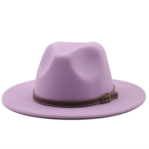 Lilac wide brim wool fedora hat for women with brown faux leather belt and gold buckle