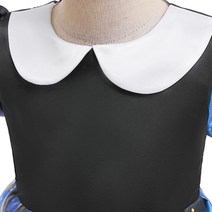 Detail of girls Halloween dress showing black satin bodice and white Peter Pan collar
