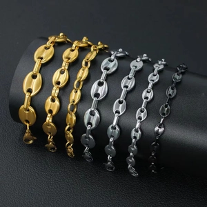 Polished stainless steel coffee bean link bracelets in gold and silver finishes