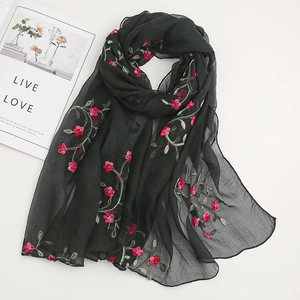 Elegant black chiffon scarf with pink floral embroidery for women fashion and sun protection