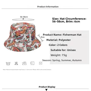 Size chart showing 56-58cm circumference and paisley print polyester bucket hat specs