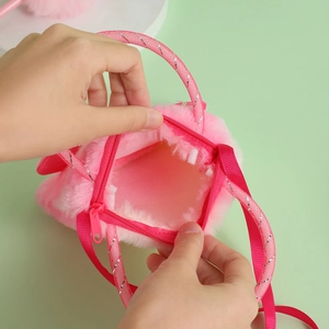 Pink cartoon plush rabbit handbag for girls with soft fur texture and zip closure