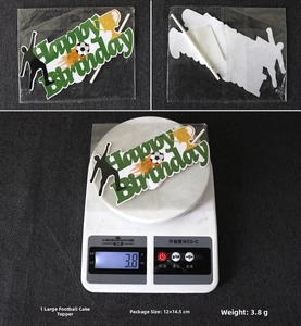 Detail view of soccer Happy Birthday cake topper with dimensions 12x14.5cm and 3.8g weight