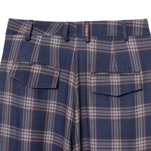 Women plaid lantern cargo pants with high waist pockets in red and blue check pattern