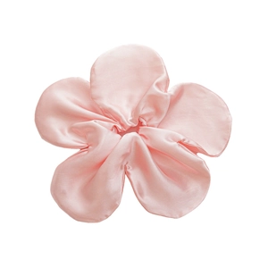 Pink satin flower scrunchie hair tie for women with elegant oversized floral design