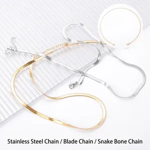 Flat stainless steel blade and snake bone chain necklace in gold and silver finish