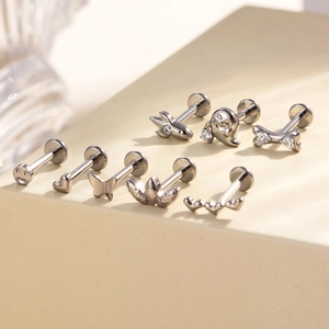 Titanium butterfly heart flat back labret set with zircon ghost and crown studs