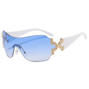 Y2K rimless gradient blue oversized sunglasses with white temples and rhinestone details