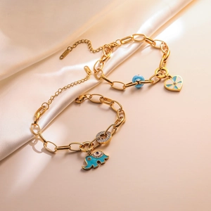 Elephant Heart Charm Bracelet Stainless Steel Gold Plated Blue Enamel Evil Eye Zircon Trendy Boho Jewelry For Women