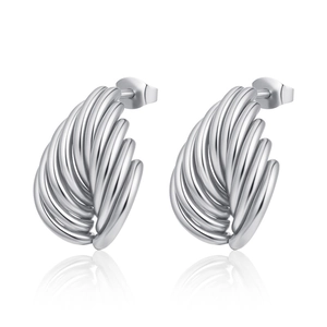Retro stainless steel earrings with irregular twisted leaf design and metallic silver finish