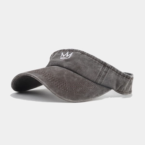 Detail of white crown embroidery on washed grey cotton open top sun visor hat
