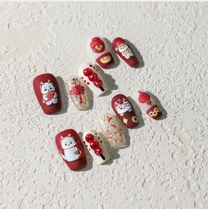 3D-nagelstickers Nieuwjaar met rode lantaarns, suikervruchten en gouden geluksmunten