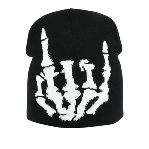 Bonnet noir style urbain avec motif main de squelette blanc pour l'hiver froid