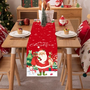 Polyester Christmas Table Runner Festive Santa Snowman Merry Christmas Print Dinner Holiday Home Party Decor