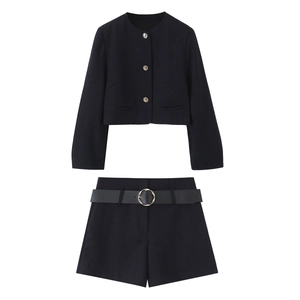 Women European Style Gold Button Short Blazer Jacket And Shorts Casual Solid Color Matching Set Office Lady Streetwear