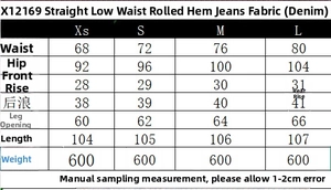 Tableau des tailles détaillé pour jeans droits taille basse avec mesures d'ourlet replié